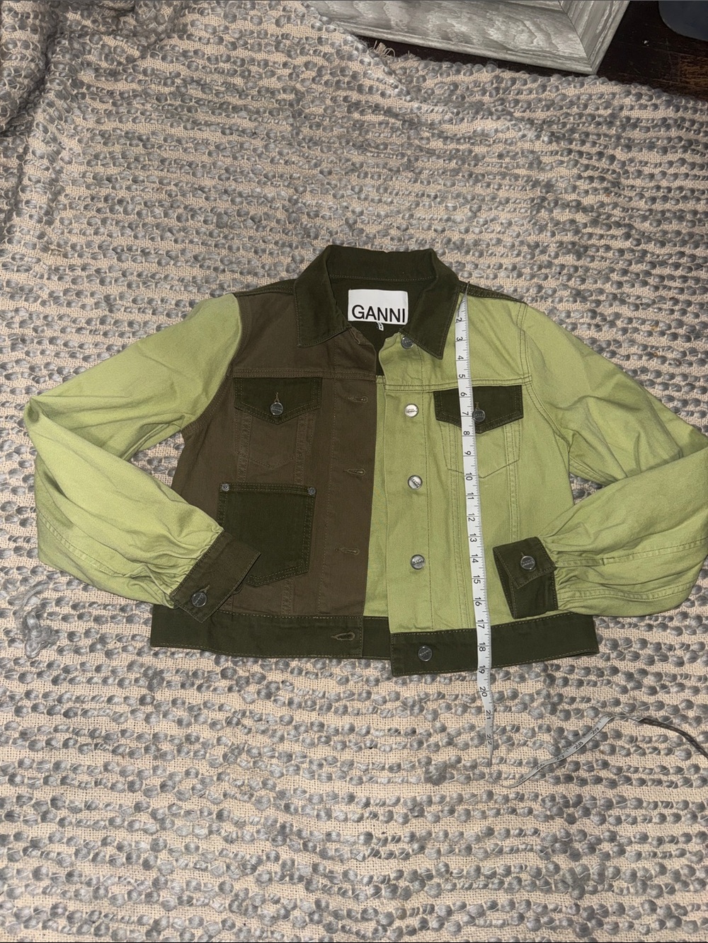 Ganni Two-Tone Olive and Lime Green Jean Jacket - Picture 2 of 11